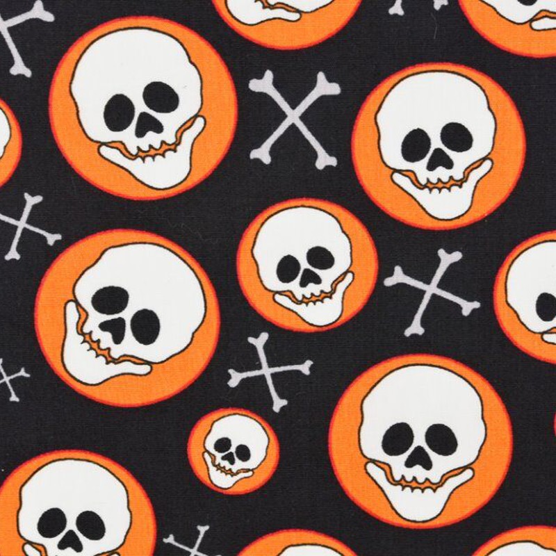 100% Cotton Poplin Fabric Skeleton Skull Circle Crossbones Halloween 145cm Wide