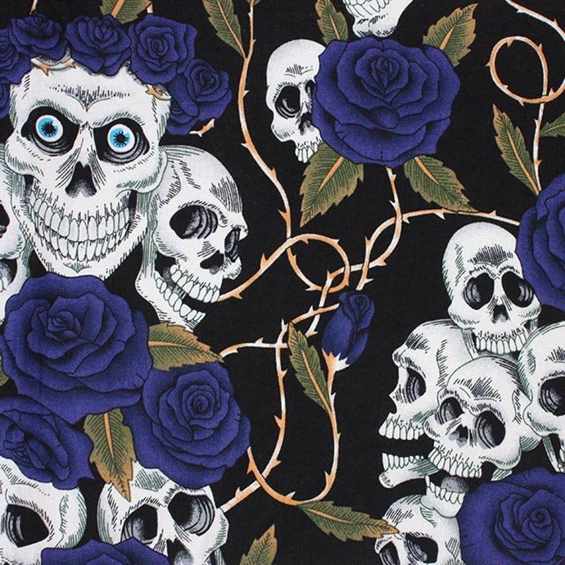 100% Cotton Fabric Large Skulls and Roses Thorns Halloween Floral 145cm Wide