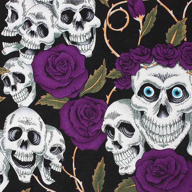 100% Cotton Fabric Large Skulls and Roses Thorns Halloween Floral 145cm Wide