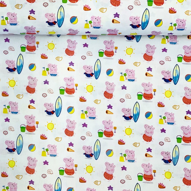 100% Cotton Digital Fabric Beach Time With Peppa Pig & Family Novelty 150cm Wide