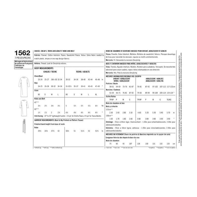 Simplicity Sewing Patterns 1562 Easy Sew Child Teen Adult Bathrobe