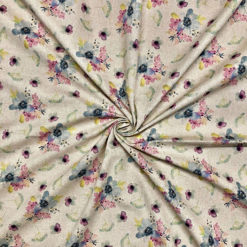 Cotton Rich Linen Look Fabric Digital Botanical Flowers Autumn Upholstery