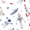 100% Cotton Fabric Digital Little Johnny Range Space Robots Rockets Astronauts