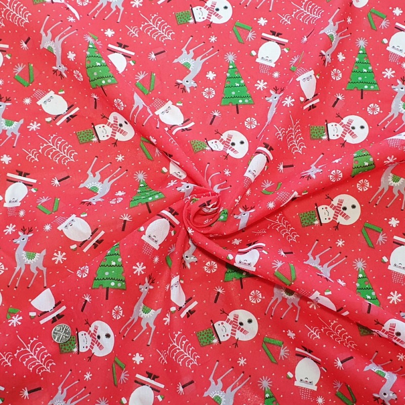 Polycotton Fabric Christmas Deer Santa Snowman Presents Gifts Festive Xmas Snow