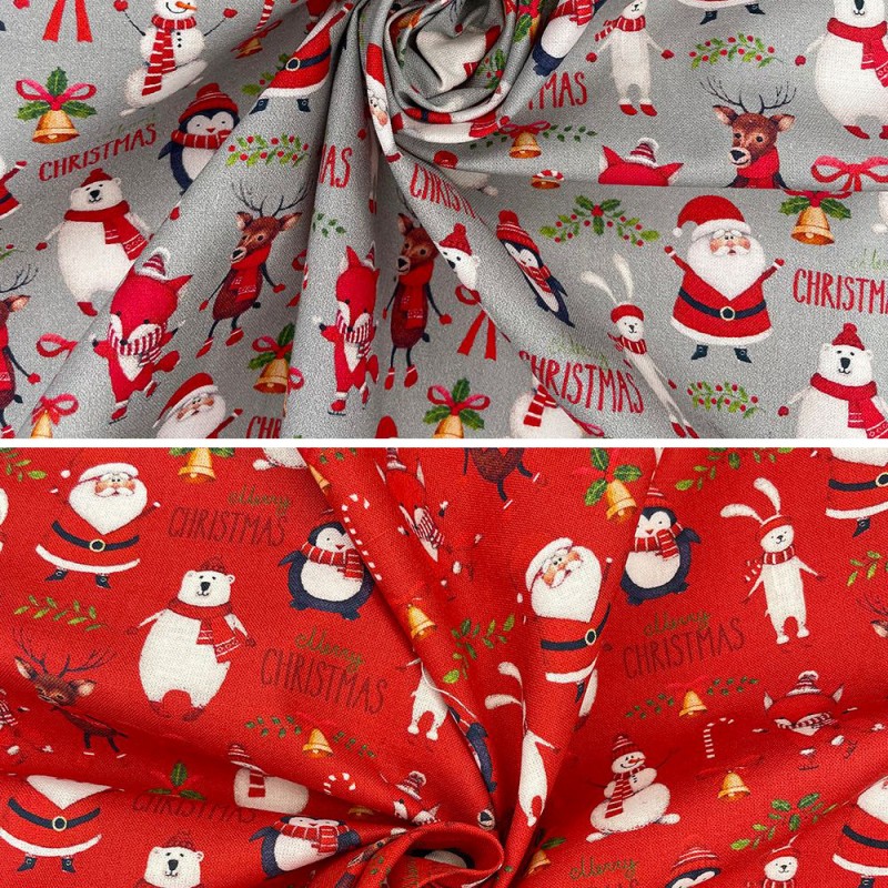 100% Cotton Digital Fabric Merry Christmas Reindeer Santa Penguin ...