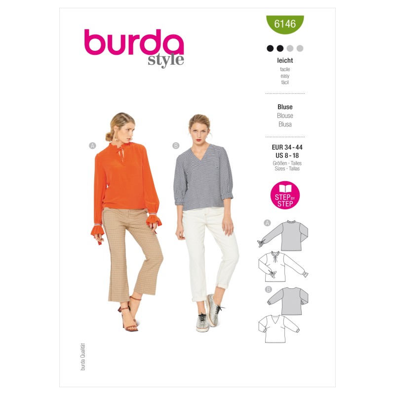 Burda Sewing Pattern 6146 Women's Blouses Shirts with Frill & Sleeve ...