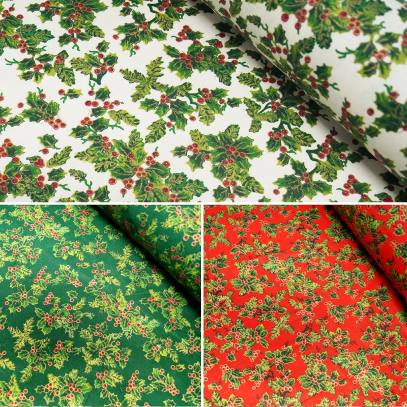 100 Cotton Fabric Lifestyle Christmas Allover Holly Leaves Festive