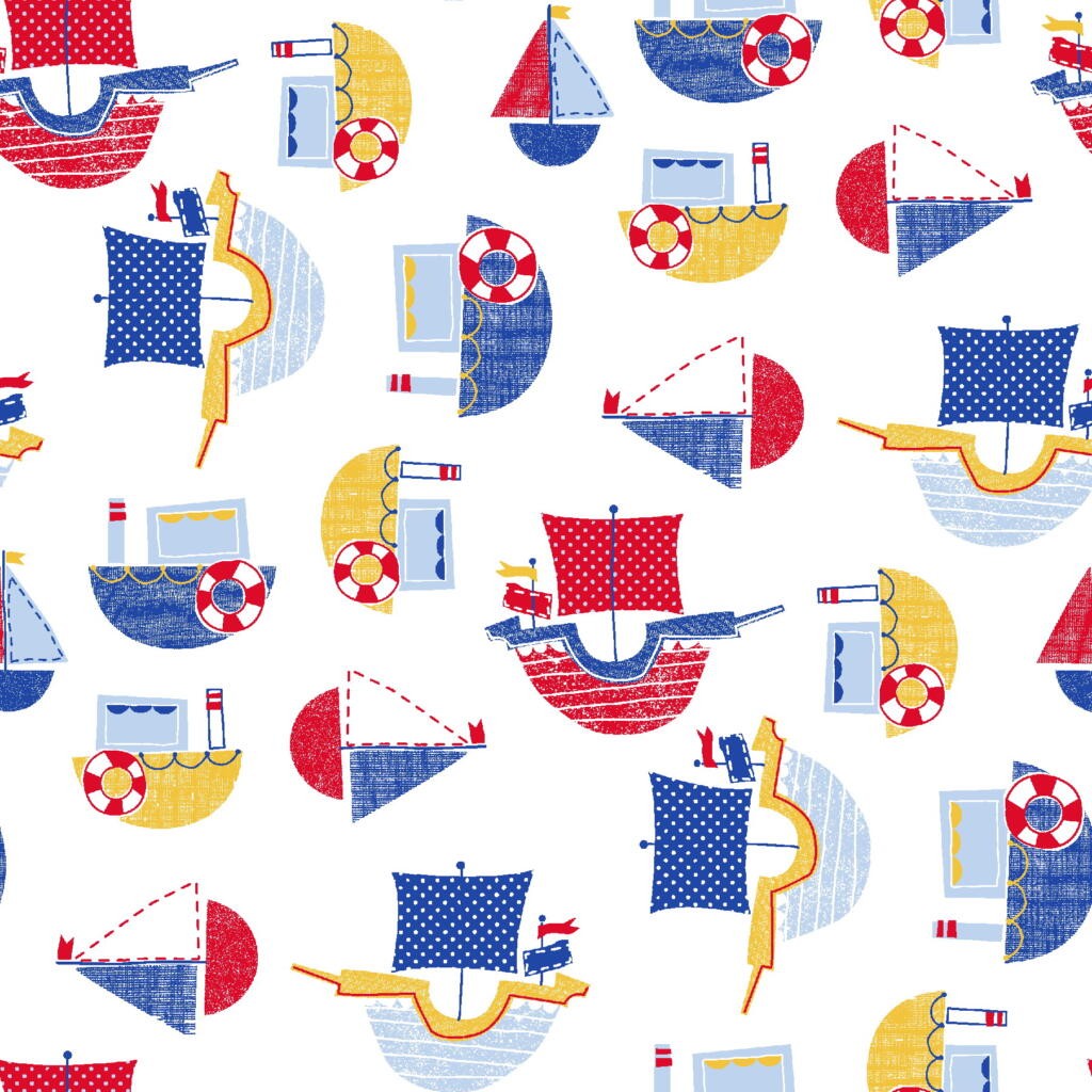 Beach Huts Blue Boats Anchors "Marina" Printed 100% Cotton Poplin Fabric. 