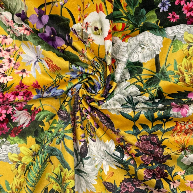 Italian Soft Plush Velvet Digital Print Fabric Summer Floral Ochre ...