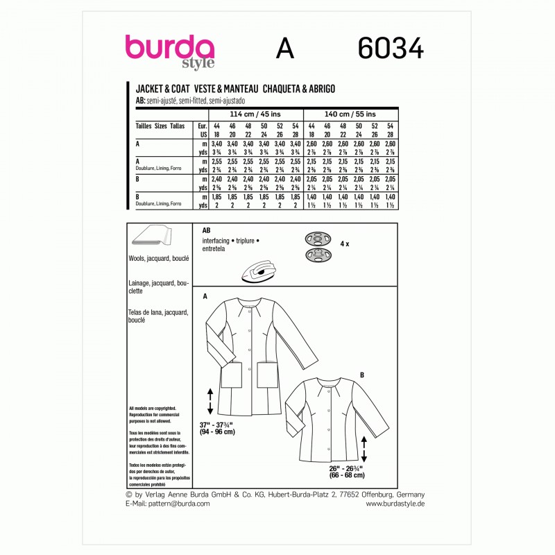 Burda Sewing Pattern 6034 Misses' Collarless Coat Or Jacket