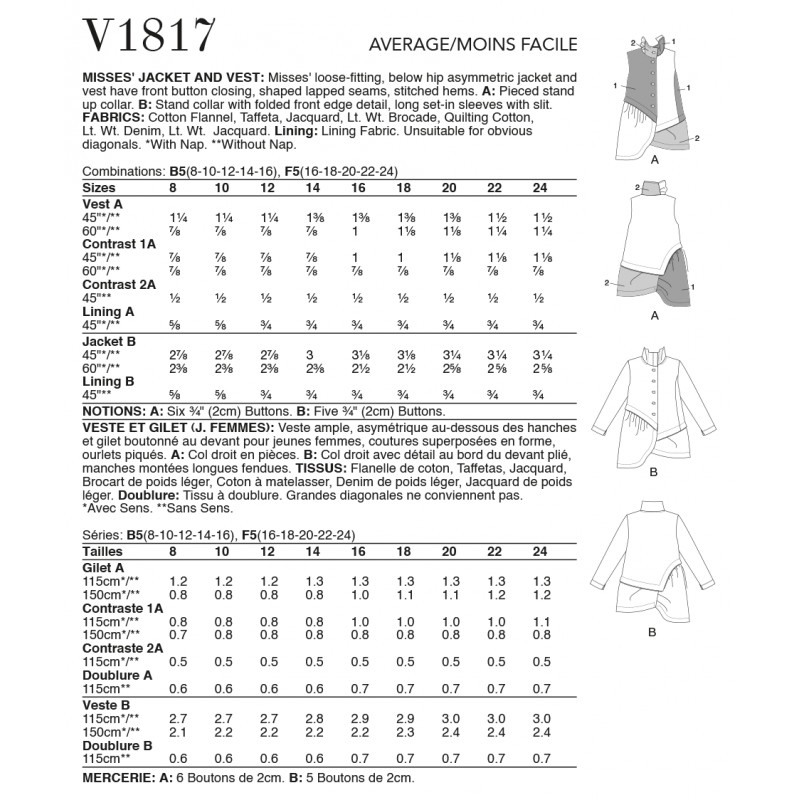 Vogue Sewing Pattern V1817 Misses' Jacket and Waistcoat, Marcy Tilton