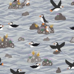100% Cotton Fabric Lewis & Irene Puffin Bay Puffins Swimming Sea Ocean Birds Grey
