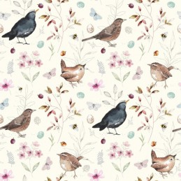 100% Cotton Fabric Nutex Birdsong Bird Song Floral Wildlife Robin - Cream