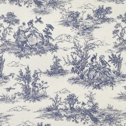 Cotton Rich Linen Look Fabric Toile French Painting Aristocrat 140cm Wide - Navy
