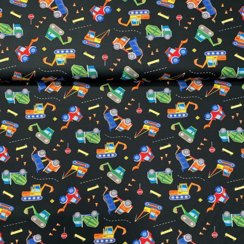 100% Cotton Fabric Nutex Heavy Machines Kids Construction Vehicles ...