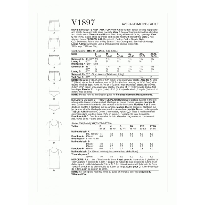 Vogue Patterns V1897 Men's Swimsuits and Tank Top Swimming Trunks Speedos