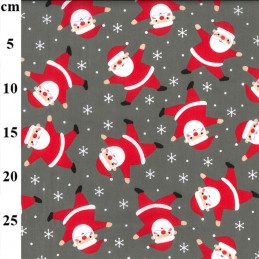 Polycotton Fabric Christmas Santa Snowflakes Father Xmas Flying Snowing Sky - Grey