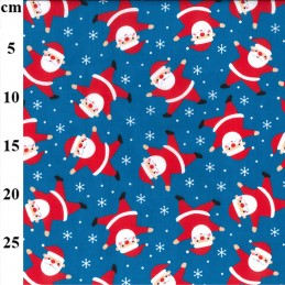 Polycotton Fabric Christmas Santa Snowflakes Father Xmas Flying Snowing Sky - Royal