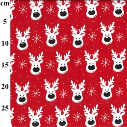 Polycotton Fabric Christmas Reindeer Rudolph Festive Snowflakes Snow Xmas - Red