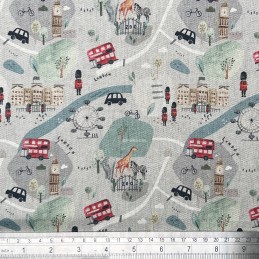 Pure Cotton Panama My Day In London Queens Guard Double Decker Bus 140cm Wide - Silver PUC015