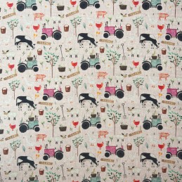 Pure Cotton Panama On The Farm Tractor Animals Cow Chicken Goose 140cm Wide - Rose PUC008