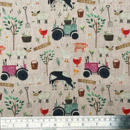 Pure Cotton Panama On The Farm Tractor Animals Cow Chicken Goose 140cm Wide - Rose PUC008