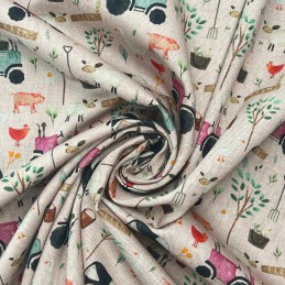 Pure Cotton Panama On The Farm Tractor Animals Cow Chicken Goose 140cm Wide - Rose PUC008