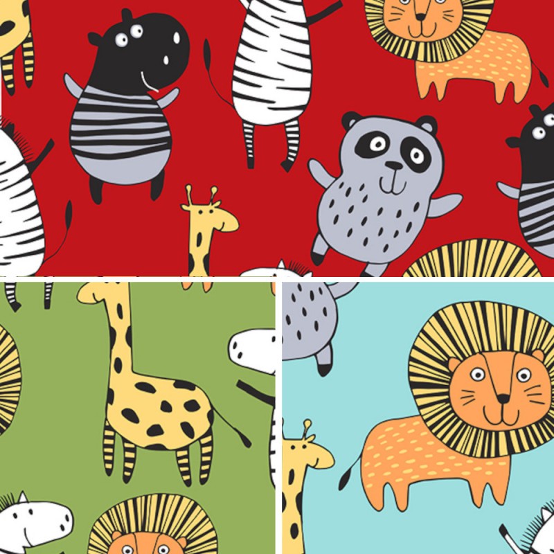 Polycotton Fabric Jungle Animals Safari Lion Giraffe Zebra Hippo Panda