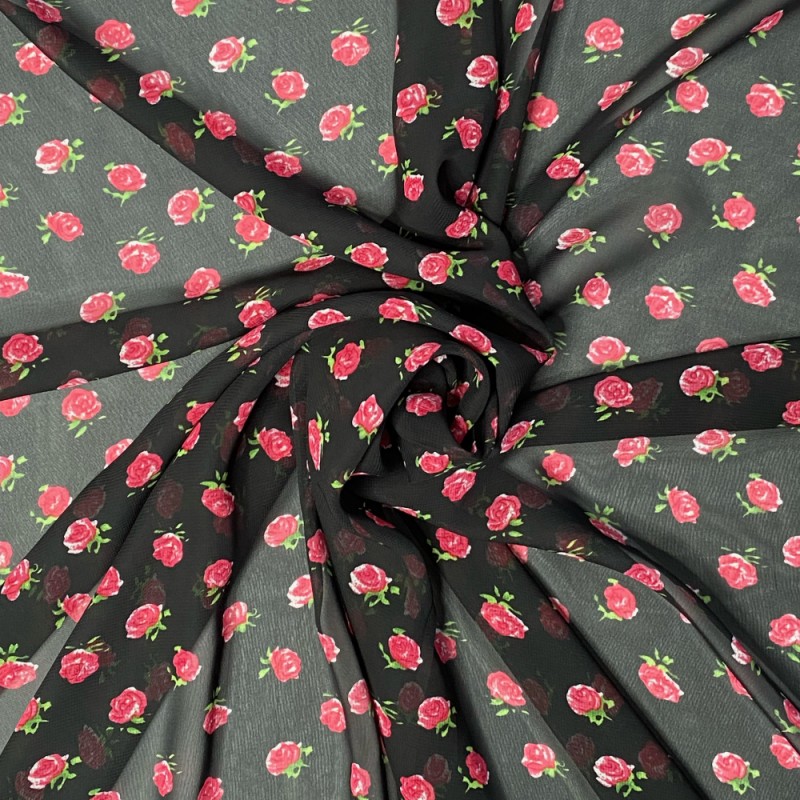 SALE Chiffon Print Dress Fabric Rose Floral Flowers Black 145cm Wide