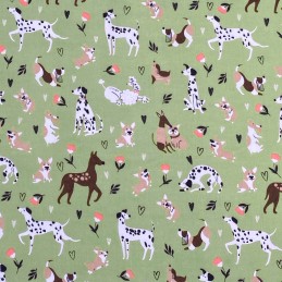 Olive Green Polycotton Fabric Dogs Daisies Daisy Dog Doggy Puppy Animals Floral