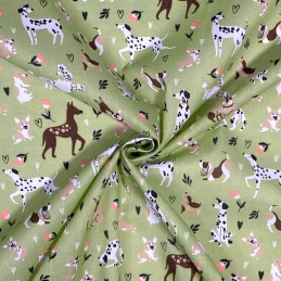 Olive Green Polycotton Fabric Dogs Daisies Daisy Dog Doggy Puppy Animals Floral