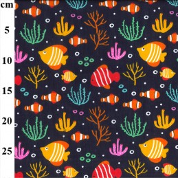 Navy Polycotton Fabric Under The Sea Fish Coral Ocean Bubbles Clown Fish