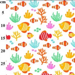 White Polycotton Fabric Under The Sea Fish Coral Ocean Bubbles Clown Fish
