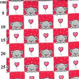 Pink Polycotton Fabric Teddy Bear Checkered Hearts Balloon Valentine Love