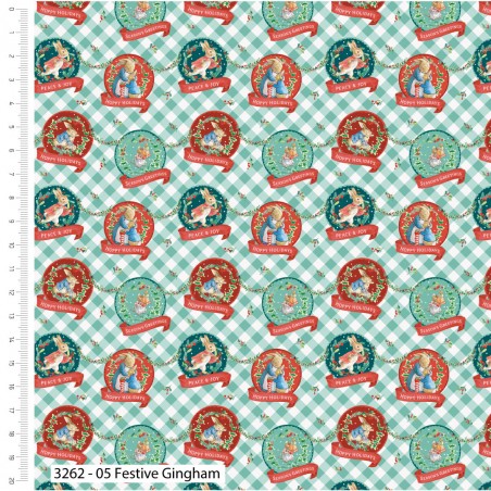 100% Cotton Fabric Hoppy Christmas Peter Rabbit Festive Gingham Scallop ...