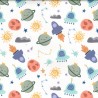 PU Face Polyester Back Waterproof Printed Fabric Galaxy Space Rockets 138cm Wide