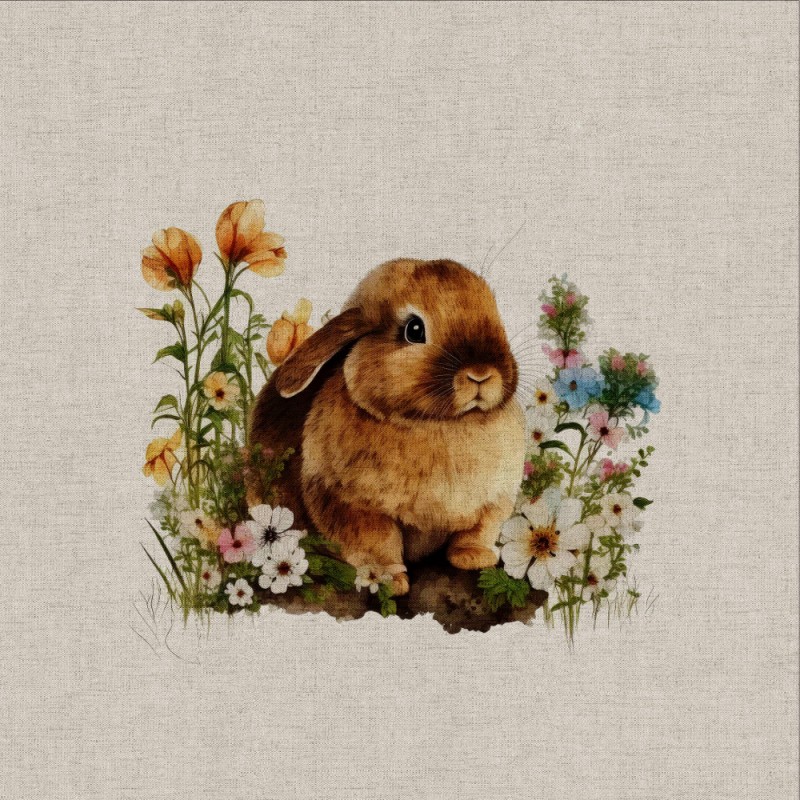 Cotton Rich Linen Look Fabric Digital Floral Bunnies Bunny Rabbit Panel