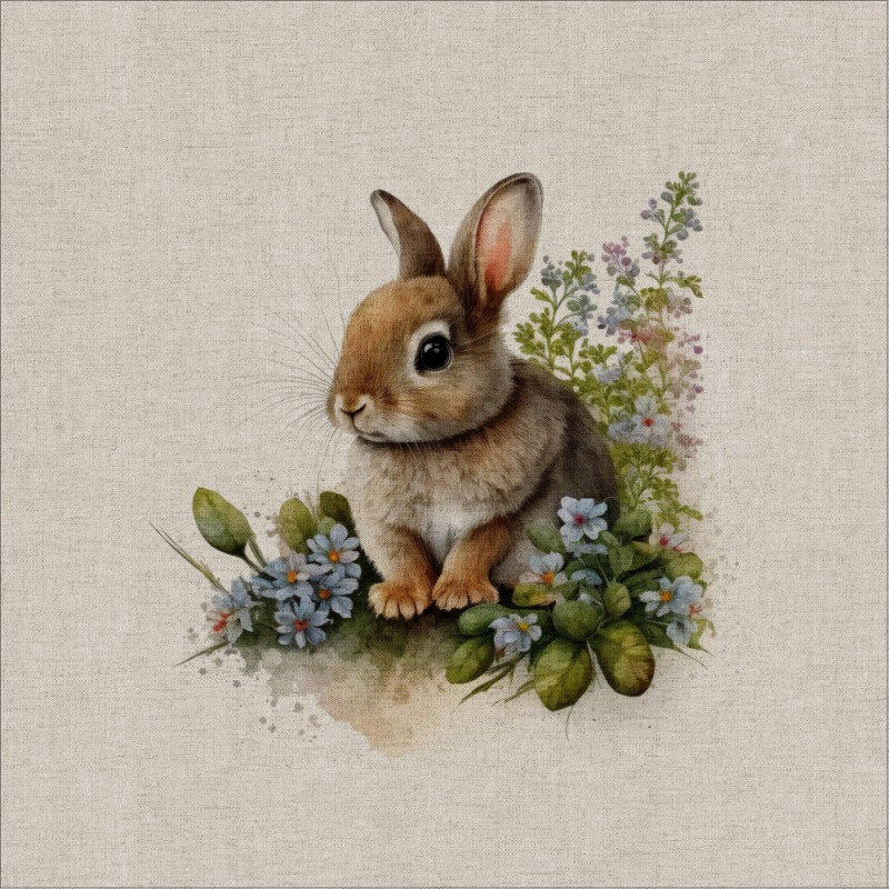 Cotton Rich Linen Look Fabric Digital Floral Bunnies Bunny Rabbit Panel