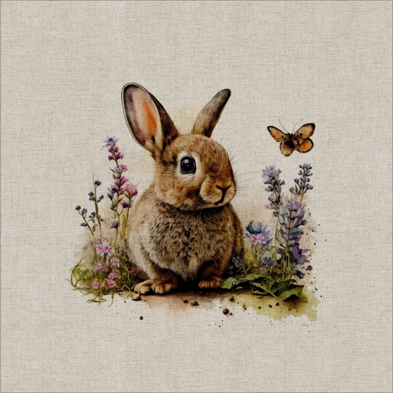Cotton Rich Linen Look Fabric Digital Floral Bunnies Bunny Rabbit Panel