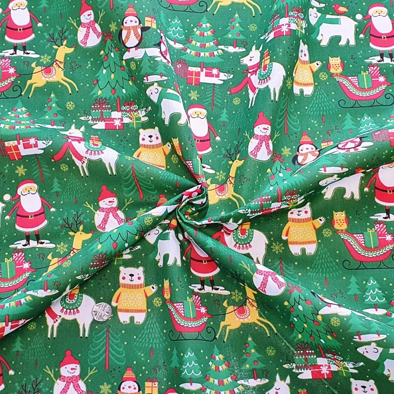 Polycotton Fabric Christmas Party Santa Festive Animals Llama Polar Bear Penguin