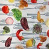 SALE PVC Tablecloth Vegetables Fruit Skewered Fork Utensil Print Craft Fabric 140cm Wide