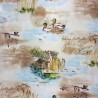 SALE PVC Tablecloth Fishing Boat Wildlife Birds Lake Scene Craft Fabric 140cm Wide