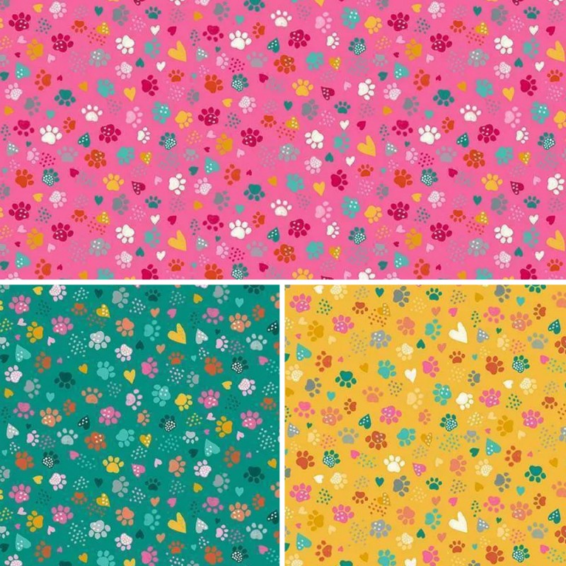 100% Cotton Fabric Makower Pawesome Paw Prints Love Hearts Cat Kitten