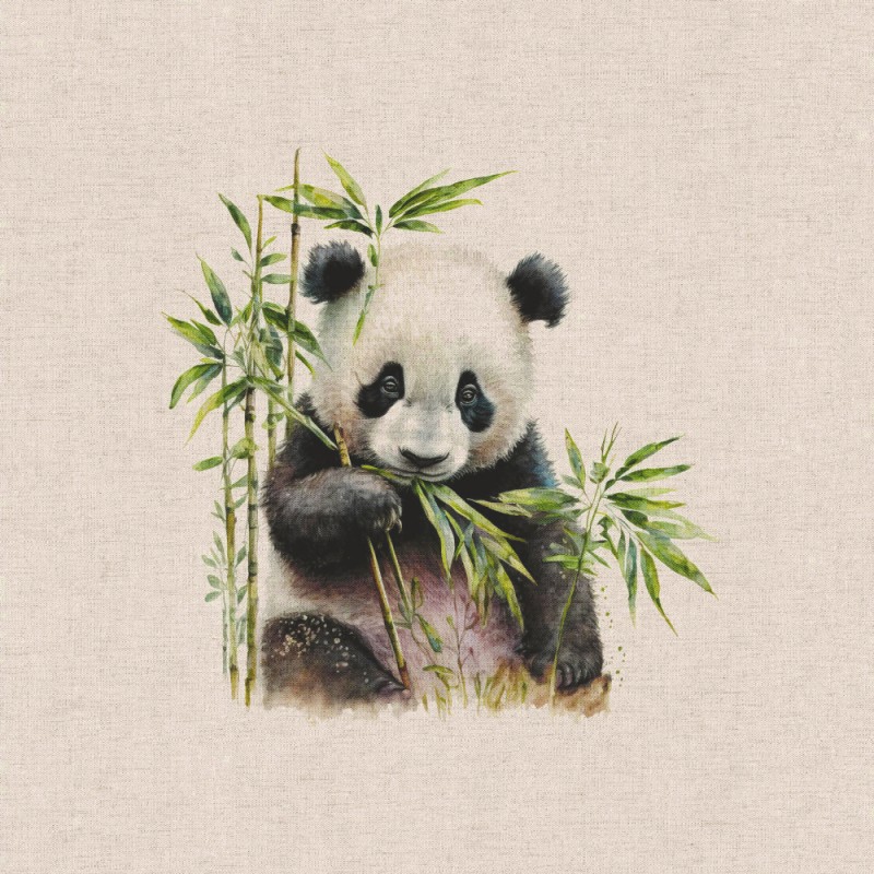 Cotton Rich Linen Look Fabric Digital Watercolour Baby Pandas Bears Panel