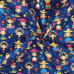 100% Cotton Fabric Festive Folk Dress Cartoon Girls & Flowers Navy