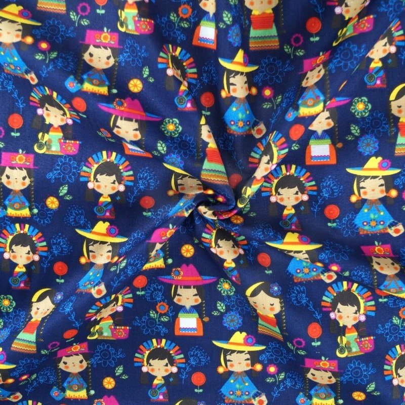 100% Cotton Fabric Festive Folk Dress Cartoon Girls & Flowers 