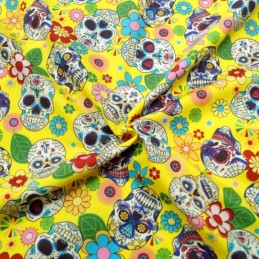 100% Cotton Poplin Fabric Rose & Hubble Sugar Skulls Day Of The Dead Yellow