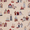 Crafty Canvas Cotton Rich Half Panama Fabric Beach Huts Nautical Sea 140cm Wide