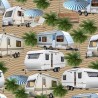 100% Cotton Fabric Kennard & Kennard Retro Ride Caravan Beach Camping 112cm Wide