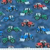 Alpine Fleece Fabric 4 Way Stretch Farm Tractors Blue 150cm Wide